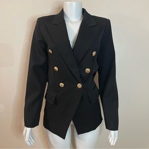 Black lapel collar women's blazer with metal buttons decor